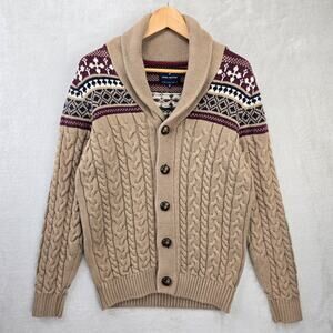 Daniel Hechter Shawl Cardigan Mens Small Beige Fair Isle Cable Knit Fisherman